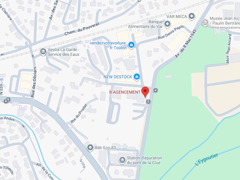 Localisation B AGENCEMENT La Garde - Carte Détaillée Carte Google Maps montrant l'emplacement de B AGENCEMENT près de l'Av. du 8 Mai 1945 et la rivière l'Eygoutier, incluant Veolia, Musée Jean Aicard.