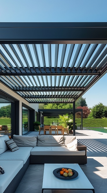 Pergola Bioclimatique Luxe Terrasse Extérieure Moderne Pergola bioclimatique moderne avec lames orientables créant des ombres sur un salon extérieur contemporain et une terrasse près d'une piscine.